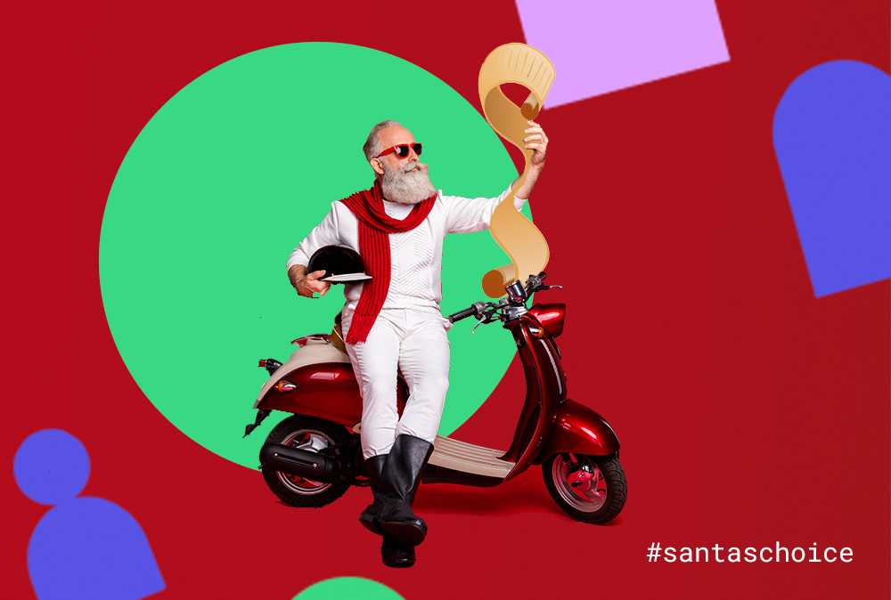 Santa's List Day Tillo. Santa with a red moped and his list against a red background. 